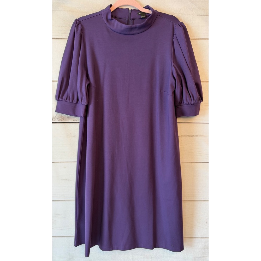 Ann Taylor Purple Mock Neck Puff Sleeve Shift Dress Large Ponte Knit Mini
